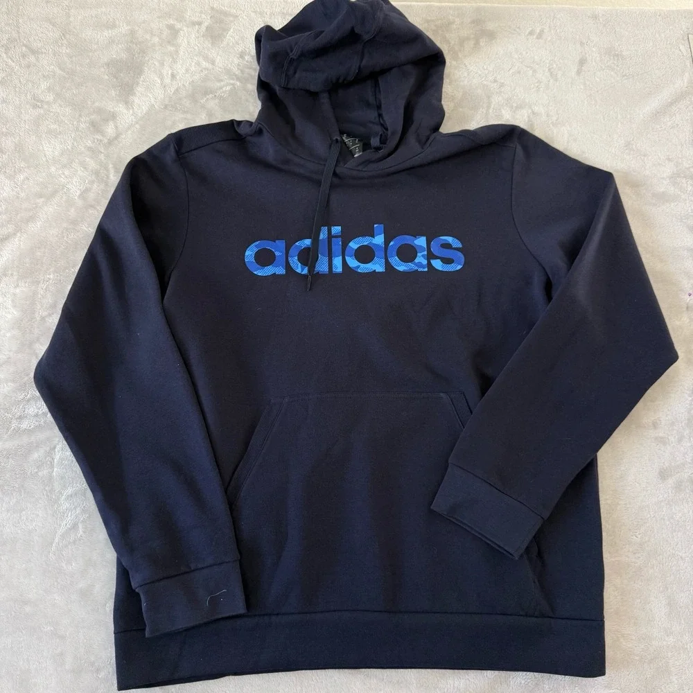 Adidas Pullover Hoodie Mens XL Navy Blue Floral‎ Logo Sweatshirt